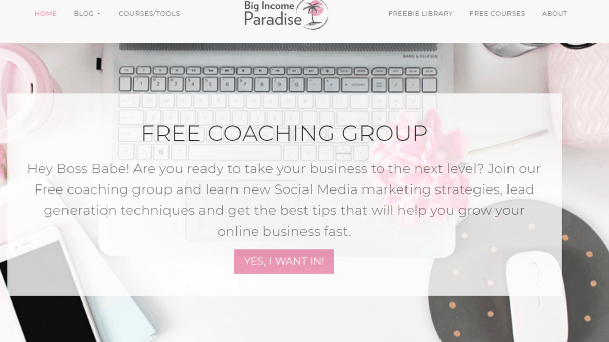 Big Income Paradise Main Page Invitation to Free Facebook Coaching Group
