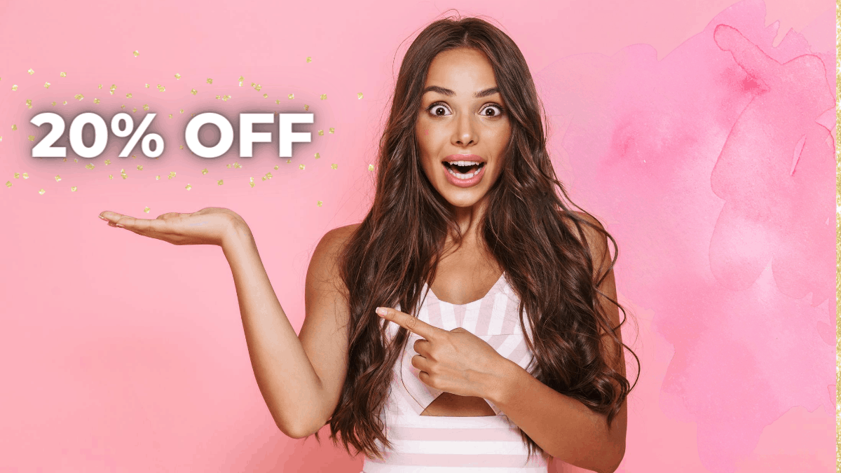 Image of caucasian woman 20s with long hair wearing dress smiling and holding 20% off at her palm isolated over pink background - fall marketing ideas
