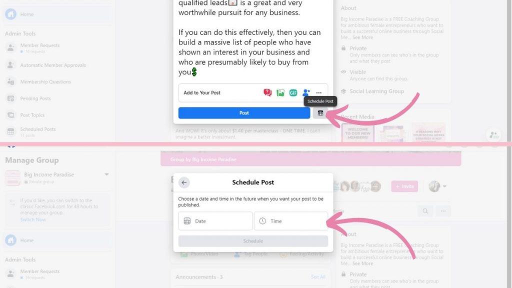 How to schedule posts in a Facebook group