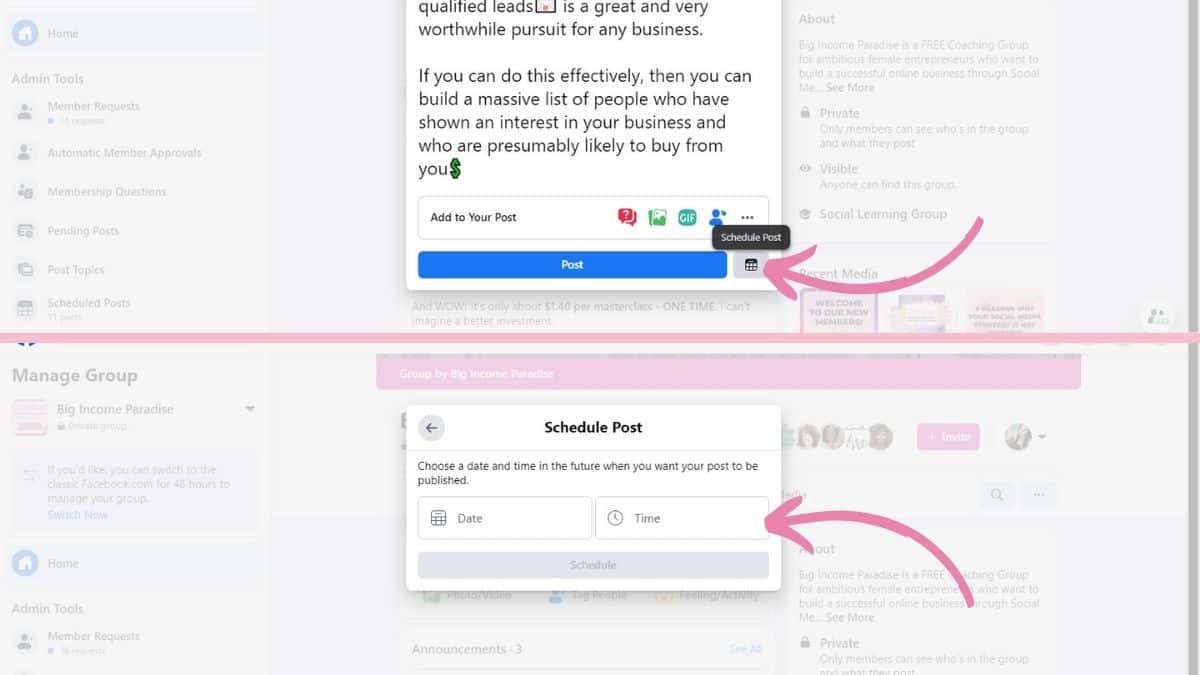 How to schedule posts in a Facebook group