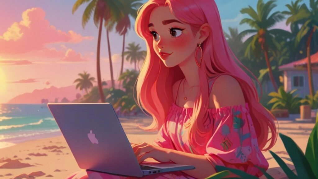 beautiful woman with long pink hair working on her laptop