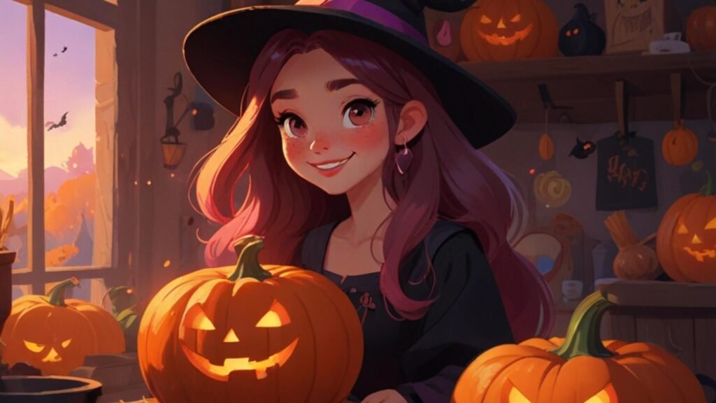 beautiful girl surrounded by pumpkins for Halloween