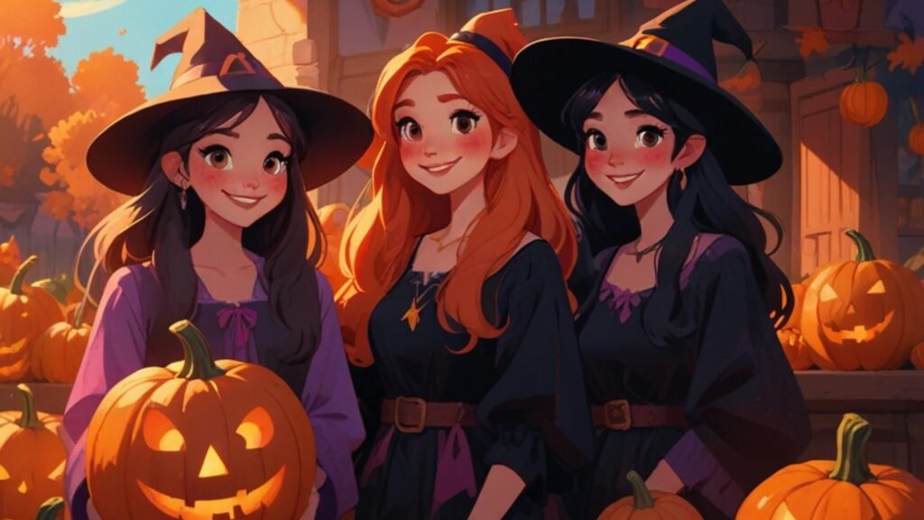 three beautiful girls dressed as witched for Halloween surrounded by pumpkins