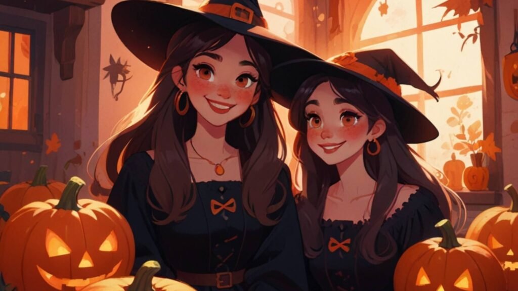 two beautiful girls surrounded by pumpkins for Halloween