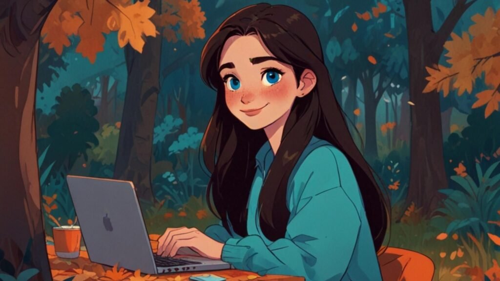 woman working on her laptop in the forest - autumn