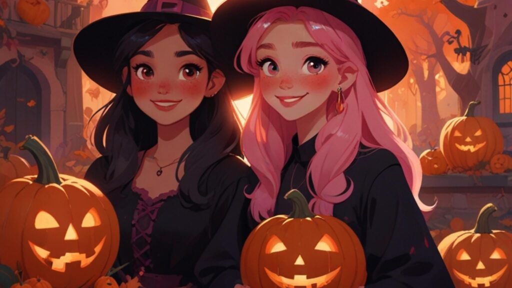 two women dressed as witches for Halloween