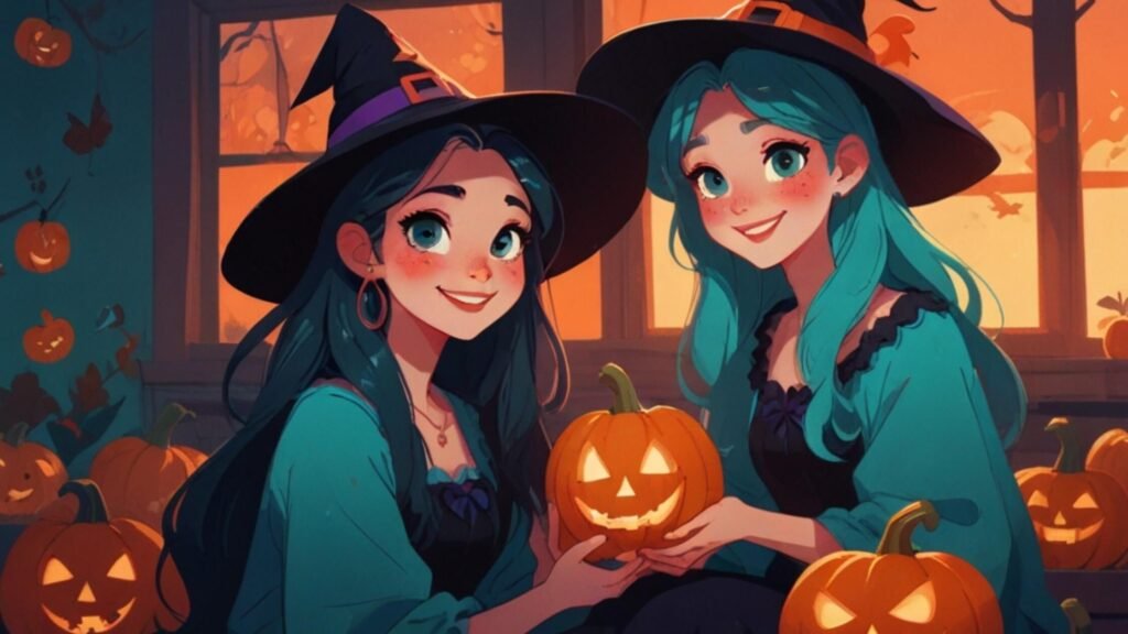 two women dressed as witches for Halloween surrounded by pumpkins