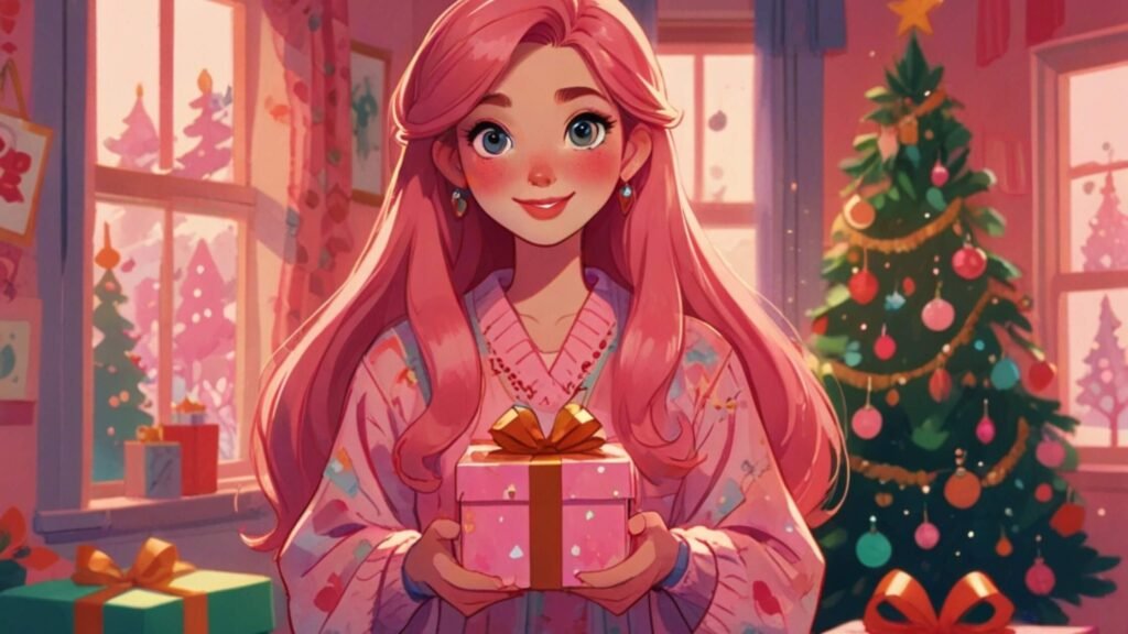 woman with a pink gift in hands celebrating Christmas