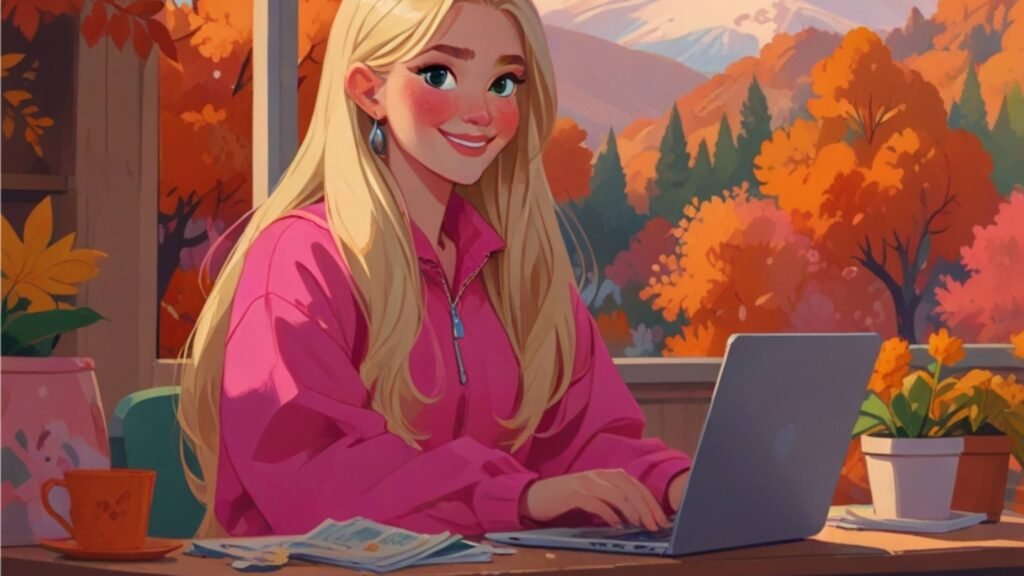 blond woman dressed in pink working on her laptop in a autumn nature