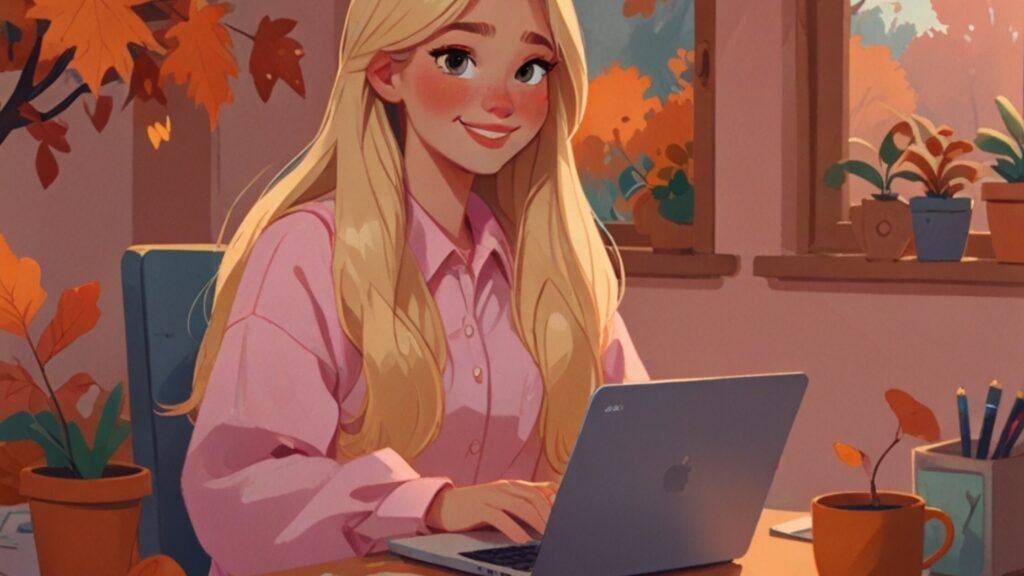 blond woman typing on her silver laptop surrounded by fall