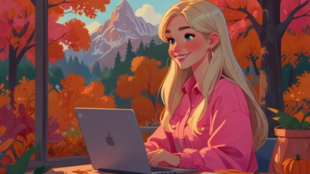 blond woman typing on laptop in fall surroundings