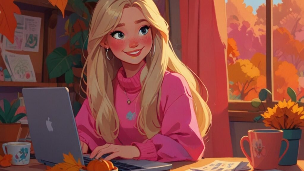 woman in hot pink sweater working on her laptop in fall