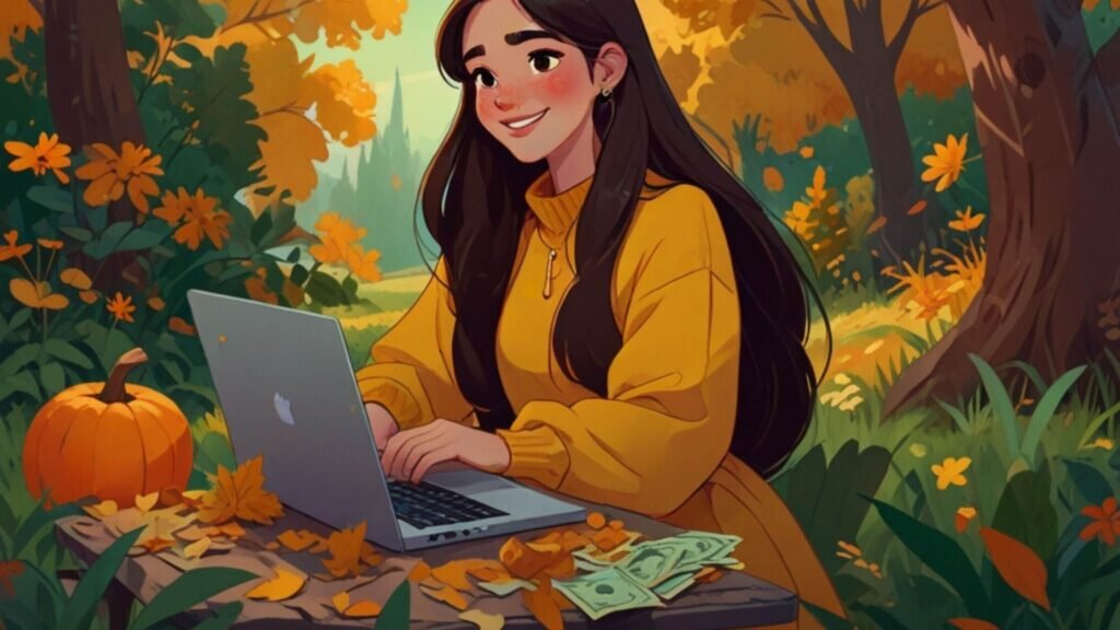 woman working on her laptop, money on the table, autumn vibes