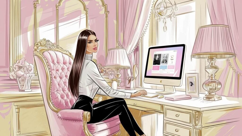 ink sketch of a woman working on her imac in luxurious home office