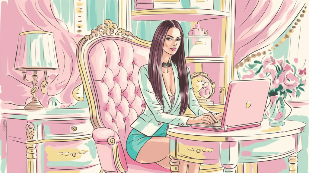 pastel home office and woman working on her laptop