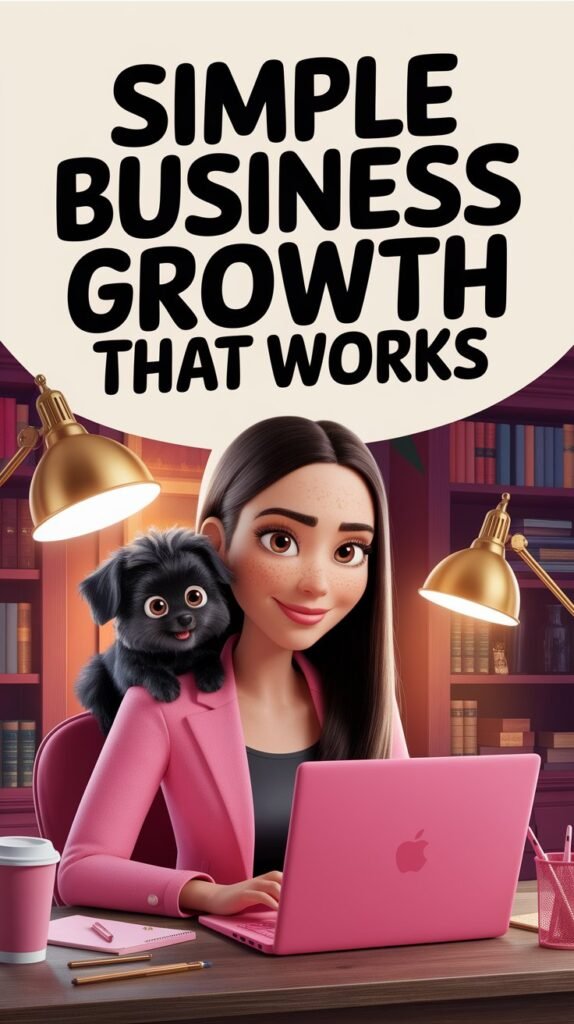 Animated woman with long dark brown hair, wearing a pink blazer and faux black leather leggings, sitting at a desk with a pink laptop. A cheerful black dog sits on her shoulder. The background shows a cozy room with bookshelves and golden lamps. The text reads 'Simple Business Growth That Works.