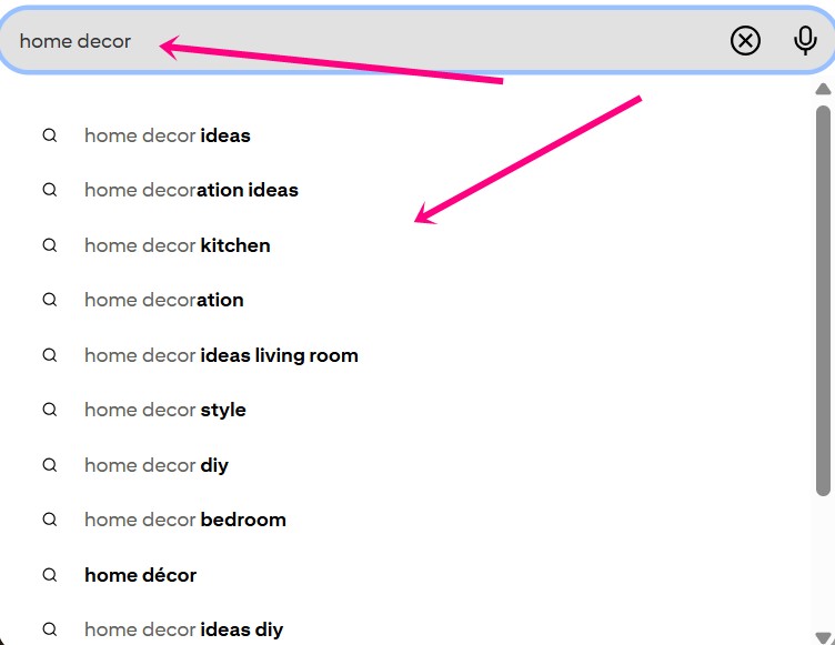 Use Pinterest search bar to find keywords