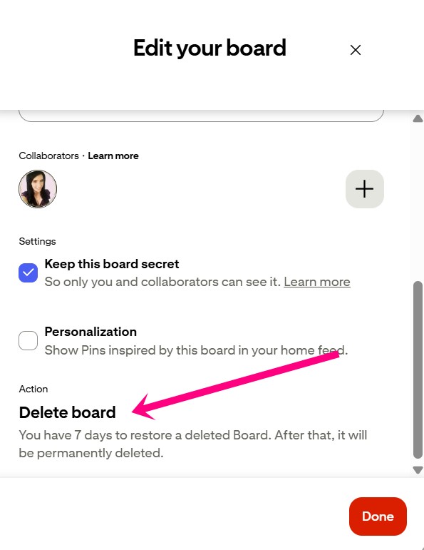Delete the Pinterest board