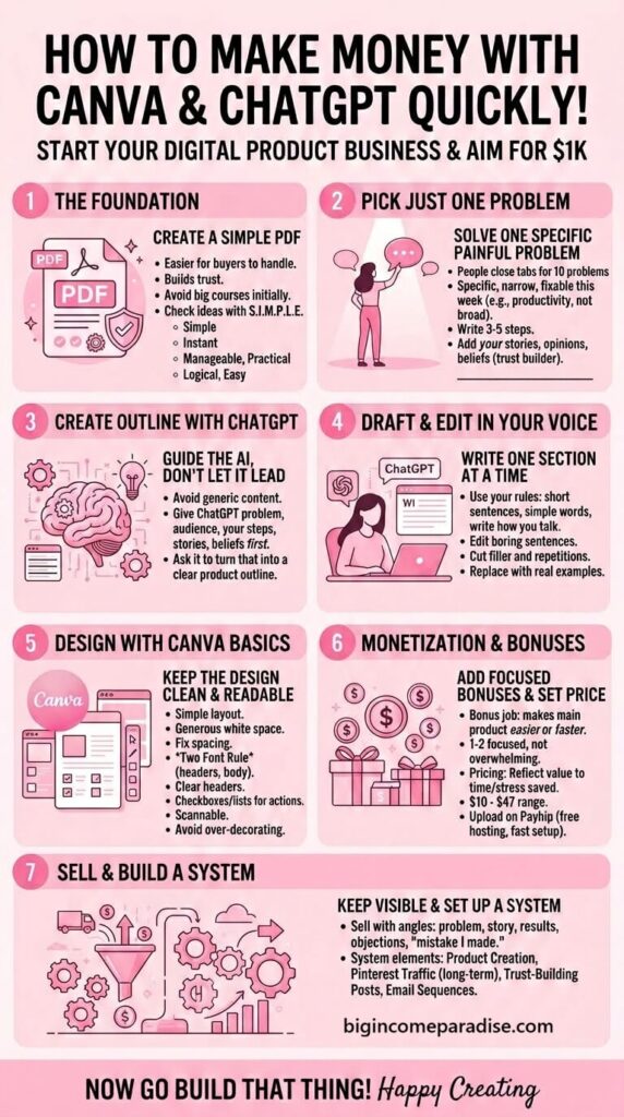 Want extra income without overthinking it? How to make money with Canva and ChatGPT can be simpler than you think when you focus on one sellable idea. This post shows you how to use Canva to make money by creating one simple PDF people will pay for. You don’t need fancy skills or a huge audience to start. It fits perfectly into a digital marketing business. Get the full guide.