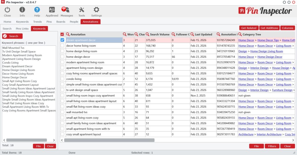 Pin Inspector keyword research with search volume