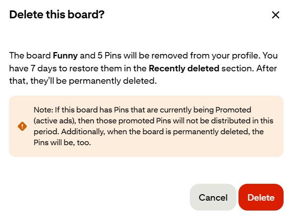 Pinterest asks if you're sure about deleting your board