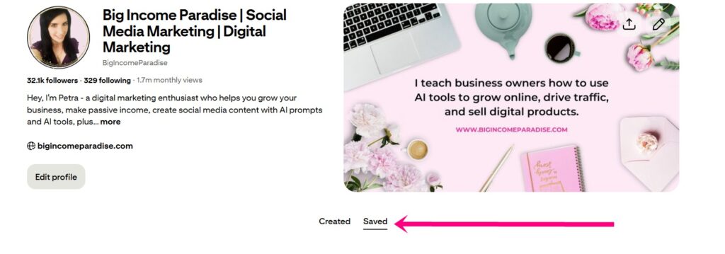 Pinterest boards under button Saved