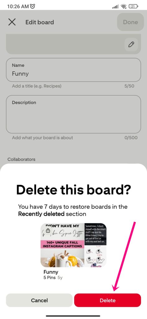 delete your Pinterest board