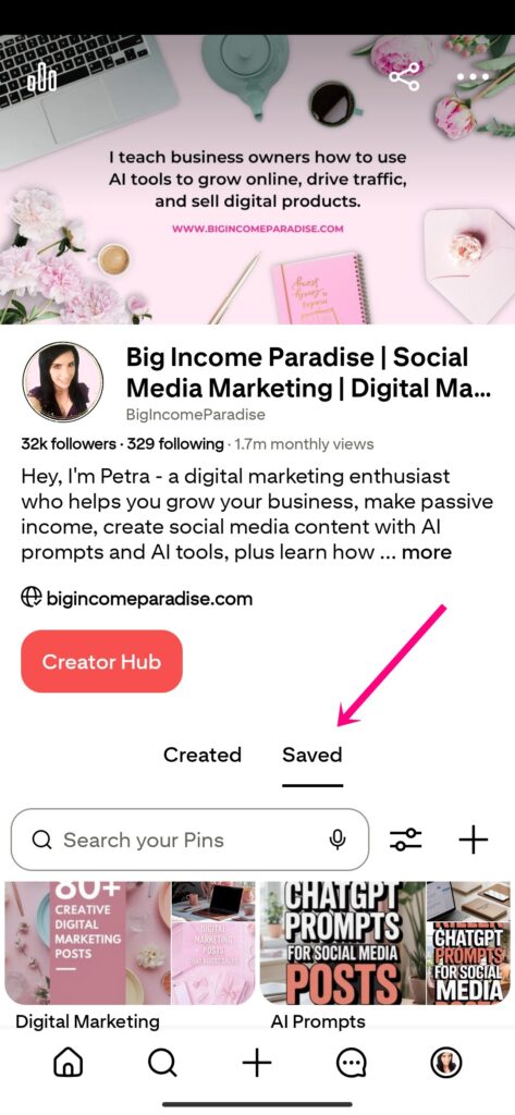 open Pinterest app, go to your profile and click Saved