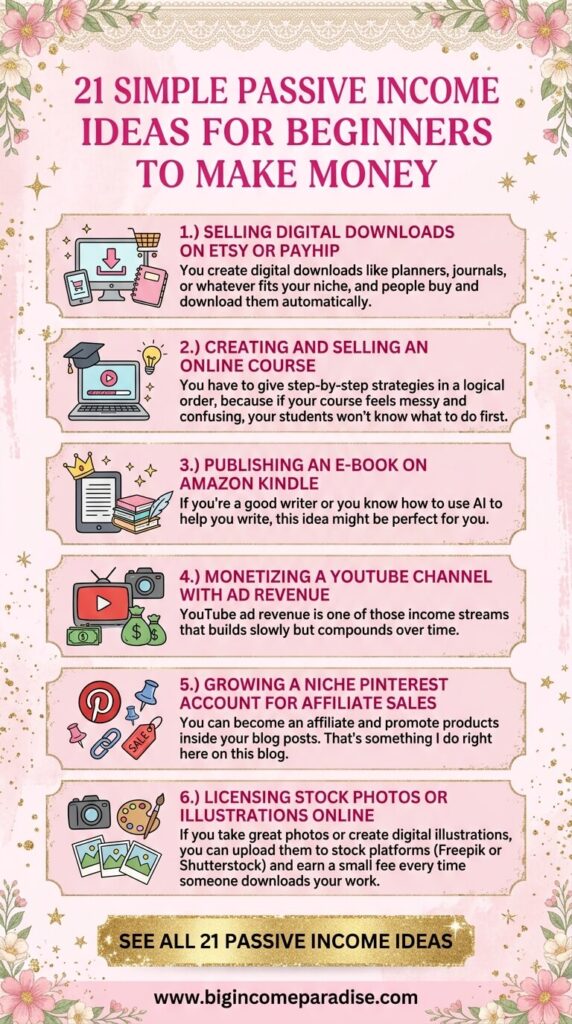 Affiliate products are just one of the many ways to build passive income, and this post covers 21 total options for beginners. Whether you're curious about ways to get money through content creation or prefer small business ideas and startups with more structure, there's a starting point here for you. These passive income ideas for beginners are laid out in a way that makes it simple to find what clicks for you personally. Go check out the full list on the blog.