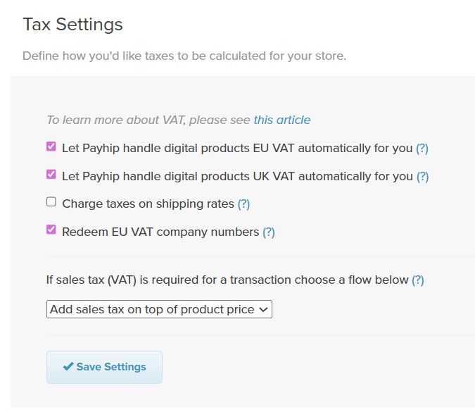 Payhip tax settings