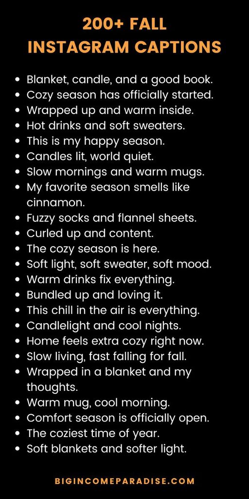 You don't need to write your own caption from scratch. This list has 200+ autumn Instagram captions sorted by vibe, so it's easy to find the one that fits. Perfect for fall coffee pics, sweater weather outfits, and even spooky season posts. Grab all the captions on my blog.