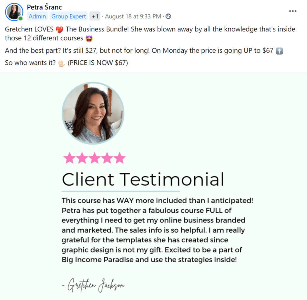 Example of client testimonial