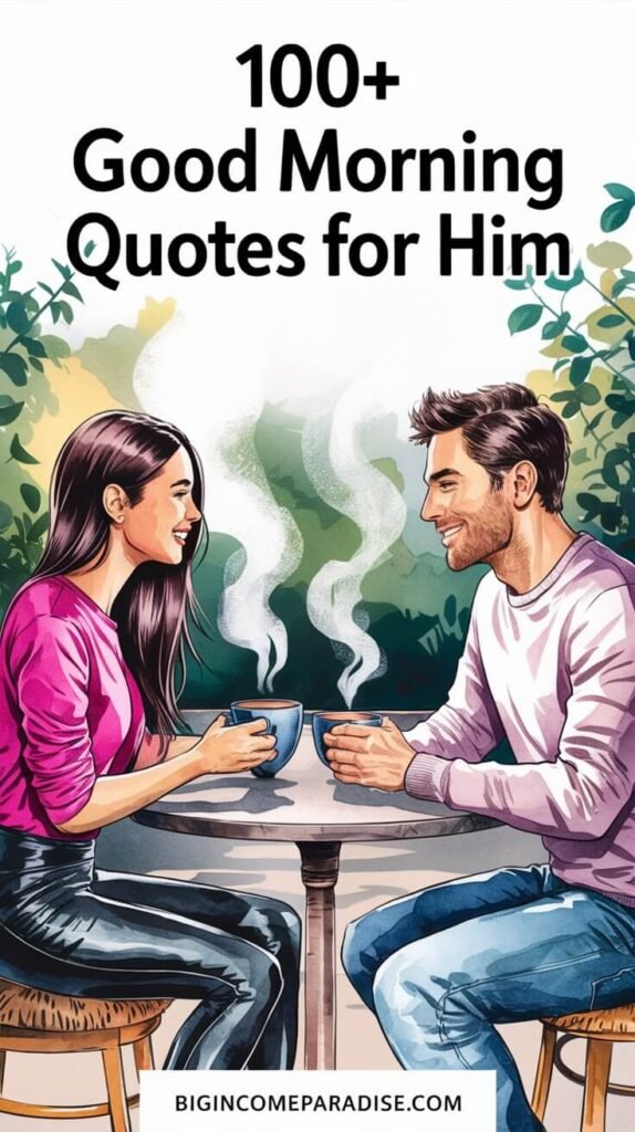 A watercolor-style image featuring a woman and a man, both illustrated in soft watercolor brushstrokes. The woman has long, straight dark brown hair parted to the side, wearing a vibrant pink shirt and faux black leather leggings, while the man is casually dressed in a light sweater and jeans. They are sitting together at a cozy table, smiling at each other with steaming cups of coffee in front of them, symbolizing care and connection. The text at the top says, '100+ Good Morning Quotes for Him'