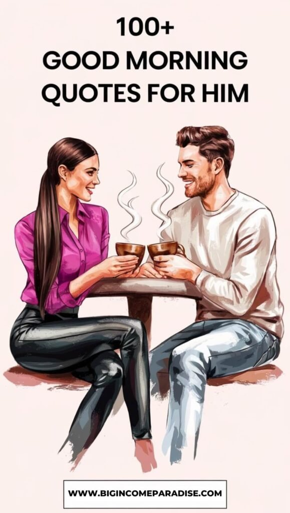 A watercolor-style image featuring a woman and a man, both illustrated in soft watercolor brushstrokes. The woman has long, straight dark brown hair parted to the side, wearing a vibrant pink shirt and faux black leather leggings, while the man is casually dressed in a light sweater and jeans. They are sitting together at a cozy table, smiling at each other with steaming cups of coffee in front of them, symbolizing care and connection. The text at the top says, '100+ Good Morning Quotes for Him'