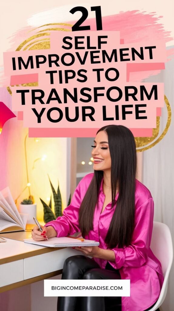 A Pinterest pin of a watercolor image featuring a watercolor-painted woman with long, straight dark brown hair parted to the side, sitting at a desk with a notebook and pen, smiling. She is wearing a vibrant pink shirt and faux black leather leggings. The text, '21 Self Improvement Tips to Transform Your Life' is written in bold, extra-large lettering, stretching across the whole pin image for maximum visibility. A white box at the bottom displays 'BigIncomeParadise.com' The background features soft pastel tones of pink, hot pink, and gold, with subtle motivational elements like glowing light, a plant, and an open book, creating a bright and inspiring atmosphere.