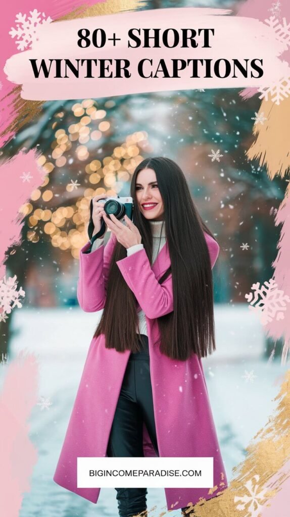 A watercolor image featuring a confident woman in watercolor style, with long, straight dark brown hair parted to the side, standing outside in a snowy scene, holding a camera as if capturing magical winter moments. She is wearing a vibrant pink coat and faux black leather leggings, smiling warmly. The text at the top says, '80+ Short Winter Captions' A white box at the bottom displays 'BigIncomeParadise.com' The background features soft pastel tones of pink, hot pink, and light gold, with snowflakes and a subtle glow, creating a cozy and magical winter atmosphere.