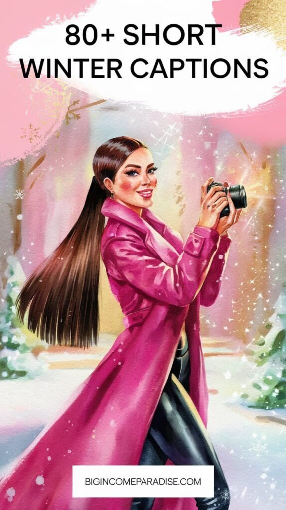 A watercolor image featuring a confident woman in watercolor style, with long, straight dark brown hair parted to the side, standing outside in a snowy scene, holding a camera as if capturing magical winter moments. She is wearing a vibrant pink coat and faux black leather leggings, smiling warmly. The text at the top says, '80+ Short Winter Captions' A white box at the bottom displays 'BigIncomeParadise.com' The background features soft pastel tones of pink, hot pink, and light gold, with snowflakes and a subtle glow, creating a cozy and magical winter atmosphere.