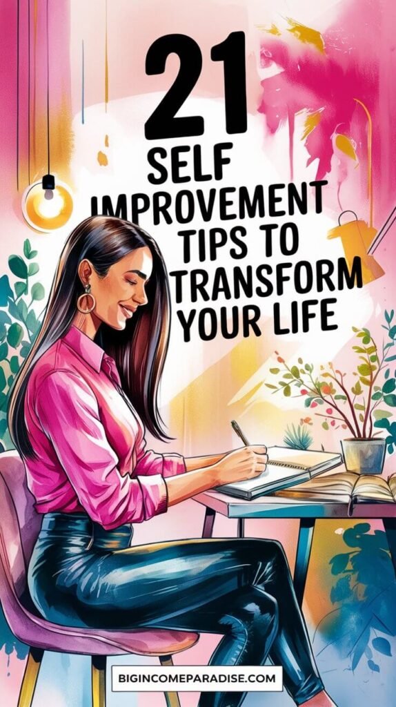 A Pinterest pin of a watercolor image featuring a watercolor painted woman with long, straight dark brown hair parted to the side, sitting at a desk with a notebook and pen, smiling as she writes self-improvement ideas. She is wearing a vibrant pink shirt and faux black leather leggings. The text says, '21 Self Improvement Tips to Transform Your Life' in bold, large lettering, making it easy to read. A white box at the bottom displays 'BigIncomeParadise.com' The background features soft pastel tones of pink, hot pink, and gold, with subtle motivational elements like glowing light, a plant, and an open book, creating a bright and inspiring atmosphere.