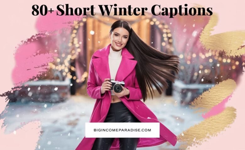 A watercolor image featuring a confident woman in watercolor style, with long, straight dark brown hair parted to the side, standing outside in a snowy scene, holding a camera as if capturing magical winter moments. She is wearing a vibrant pink coat and faux black leather leggings, smiling warmly. The text at the top says, '80+ Short Winter Captions' A white box at the bottom displays 'BigIncomeParadise.com' The background features soft pastel tones of pink, hot pink, and light gold, with snowflakes and a subtle glow, creating a cozy and magical winter atmosphere.