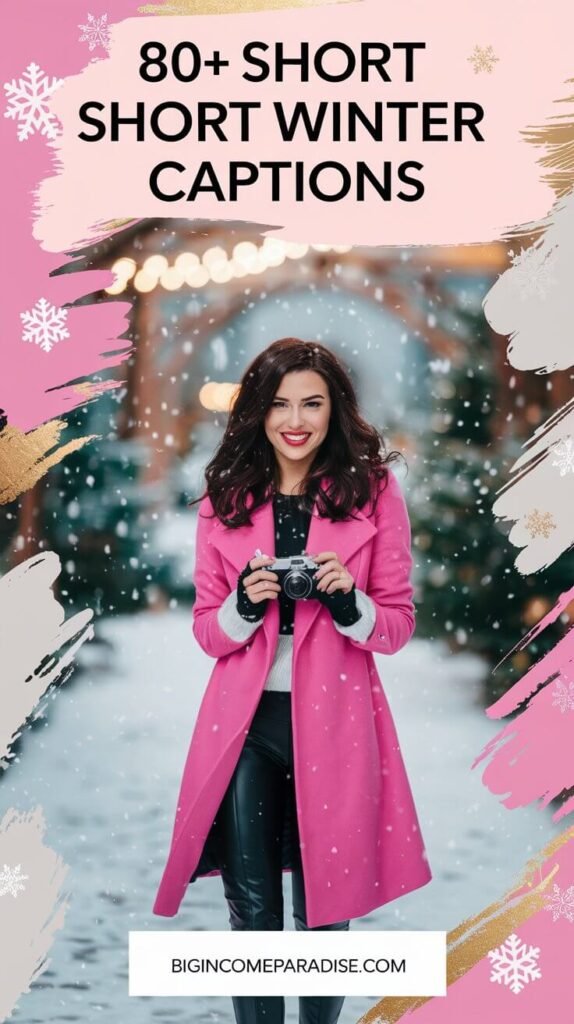 A watercolor image featuring a confident woman in watercolor style, with long, straight dark brown hair parted to the side, standing outside in a snowy scene, holding a camera as if capturing magical winter moments. She is wearing a vibrant pink coat and faux black leather leggings, smiling warmly. The text at the top says, '80+ Short Winter Captions' A white box at the bottom displays 'BigIncomeParadise.com' The background features soft pastel tones of pink, hot pink, and light gold, with snowflakes and a subtle glow, creating a cozy and magical winter atmosphere.