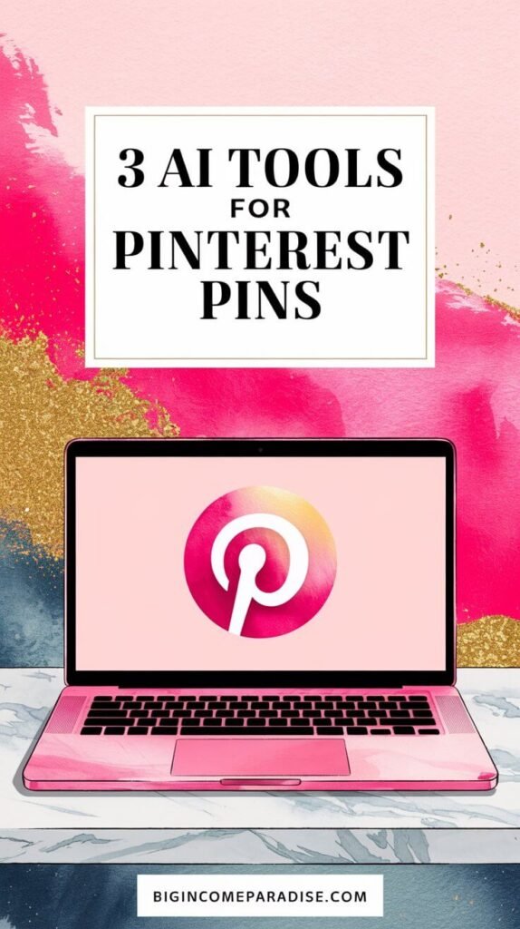 A watercolor-style illustration of a laptop on a desk, displaying vibrant Pinterest pins in the design process. The background features soft pastel tones of pink, hot pink, and gold