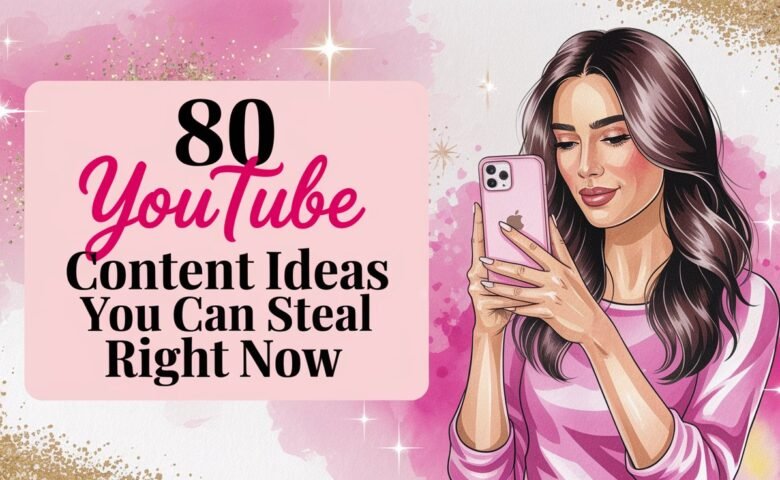 A vibrant pink graphic with watercolor splashes and gold glitter accents, featuring an illustrated woman with long brown hair wearing a pink top, holding a pink smartphone. To the left, a pink rectangular frame displays the text '80 YouTube Content Ideas You Can Steal Right Now' in black and pink fonts, with sparkling starbursts scattered across the background.