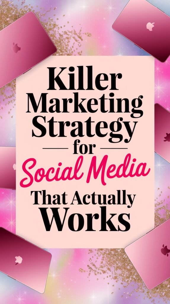 Digital illustration featuring a beige rectangular sign with the bold text 'Killer Marketing Strategy for Social Media That Actually Works' in black and pink lettering. Surrounding the sign are floating pink MacBooks against a sparkling gold and pastel rainbow-colored background.