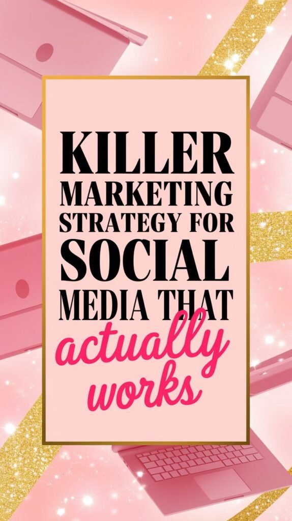 Digital illustration featuring a beige rectangular sign with a gold border, displaying the bold text 'Killer Marketing Strategy for Social Media That Actually Works' in black and pink lettering. The background consists of floating pink laptops, gold glitter streaks, and a soft pink glow with sparkles.