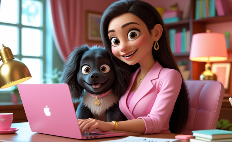 Animated woman with long dark hair wearing a pink blazer sits at a desk with a pink laptop, smiling warmly. A cute black dog with big eyes and a pink collar sits beside her, also looking at the screen. The cozy office space features pink decor, bookshelves, a gold desk lamp, and a window in the background.