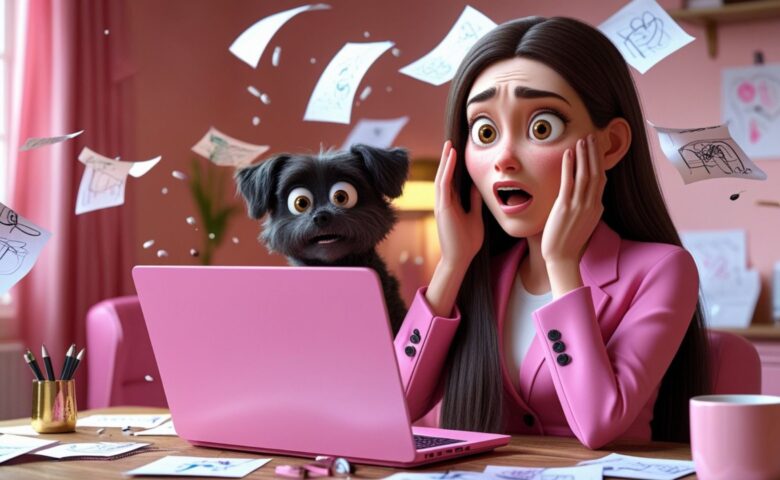 Animated woman with long dark brown hair and wide eyes holds her cheeks in an overwhelmed expression while sitting at a desk with a pink laptop. Papers fly around her, and a small black dog beside her mimics her shocked face. The background is a cozy, pink-toned office with gold decor and creative sketches scattered on the desk and walls.