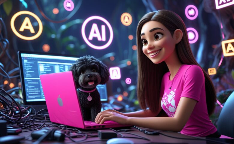 woman working on the laptop with a cute small fluffy black dog sitting next to her